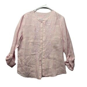 Gorsuch Linen SZ 38 EU 8 US Striped Button Front Shirt Collared Embroidered Pink